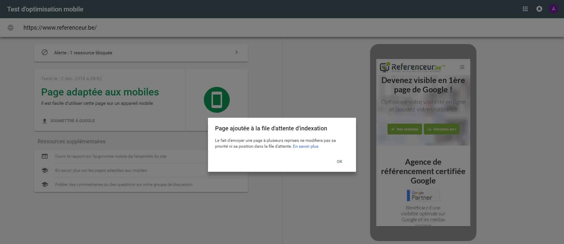 Message post-soumission à l'indexation des pages mobile-friendly
