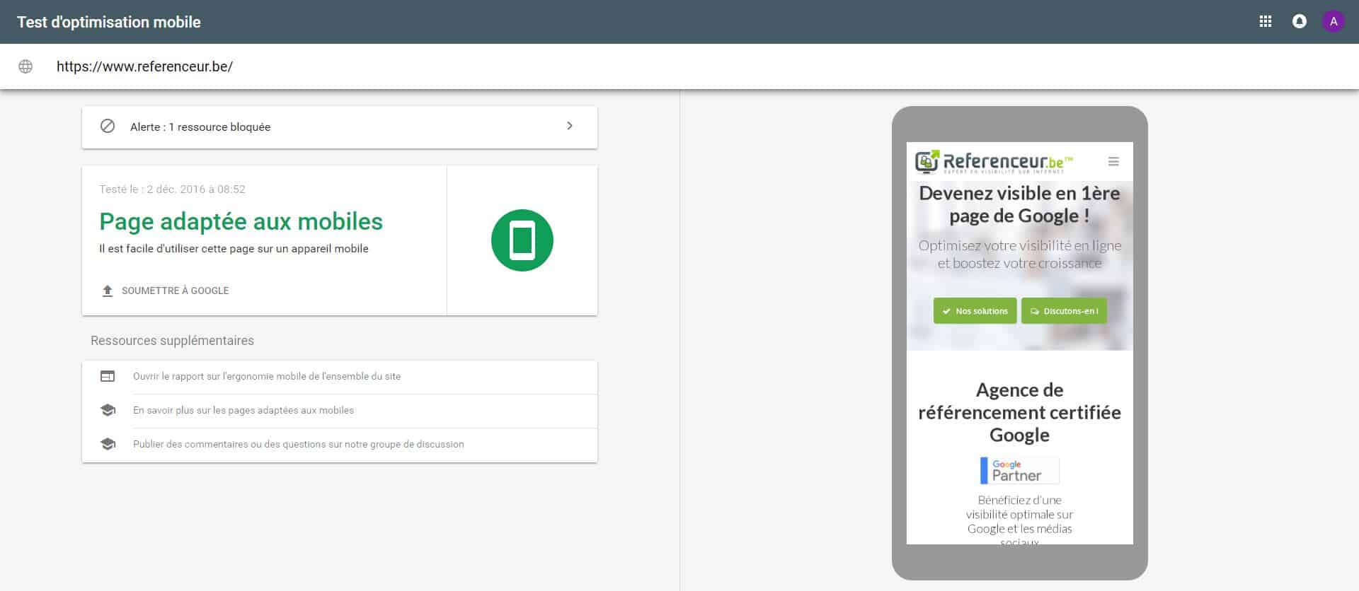 Soumettez vos pages mobile-friendly à indexation via l'outil de test